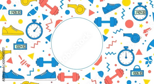 Seamless pattern of sports and fitness items on white background with central copy space.