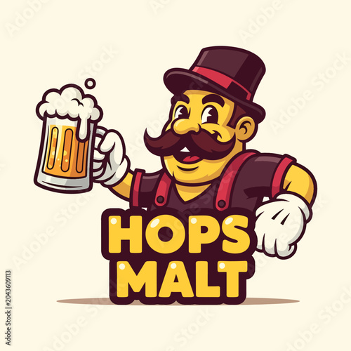 Cartoon Mascot Logo Design Featuring a Happy Man with a Mustache Holding a Beer Mug for Hops and Malt.
