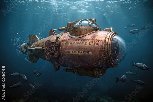 A steampunk submarine exploring deep underwater surrounded by fish