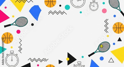 Sports frame with tennis rackets basketballs and abstract geometric shapes and zigzags.