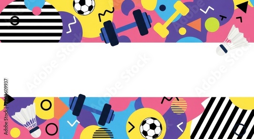 Sport and fitness banner with badminton shuttles soccer balls and dumbbells.