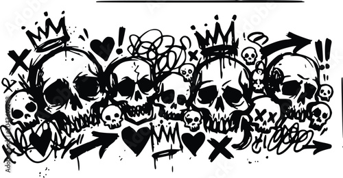 a dynamic black and white vector illustration featuring a collection of skulls with crowns and graffiti elements