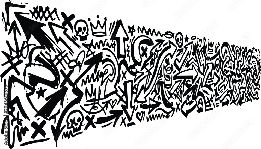 Fototapeta premium Abstract vector illustration featuring a chaotic and dynamic composition of black graffiti arrows, skulls, and crowns