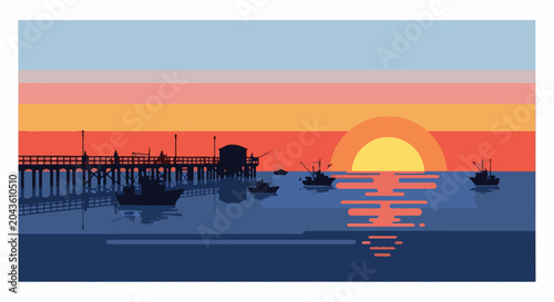 Fishing boats gather at the pier during a vibrant sunset over the ocean