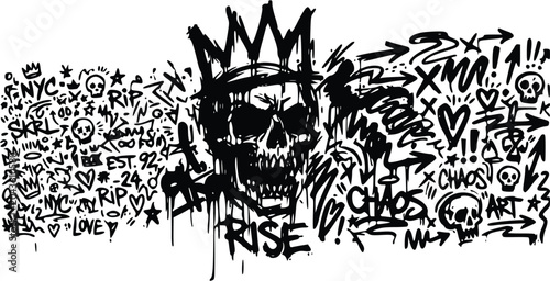 A striking black and white vector illustration featuring a crowned skull amidst chaotic graffiti art and urban symbols