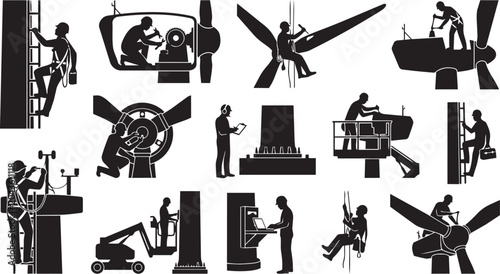 Schilderij op canvas Industrial Worker Silhouette Collection Featuring Manufacturing Maintenance Cons