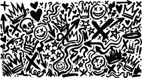 energetic black and white vector illustration featuring skulls, crowns, hearts, stars, and question marks in a graffiti style