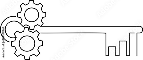 Black and white continuous line art of a business key with gears and rising chart, hollow vector illustration.