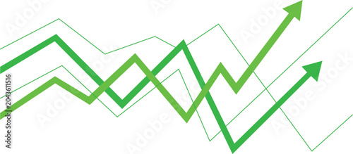 Green line graph with arrows pointing upwards showing growth and increase trend on white background  business and finance concept