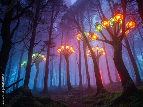 Fantasy Forest with Glowing Mushroom Lantern Trees