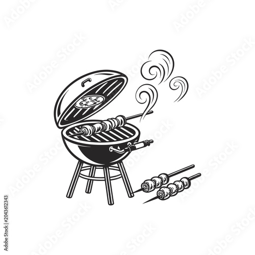 Barbecue Grill Cooking Meat Skewers Outdoors with Smoke Rising
