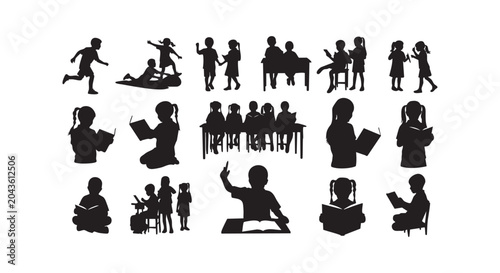 Education and school children silhouettes showing kids reading books and studying in classroom for academic learning theme.
