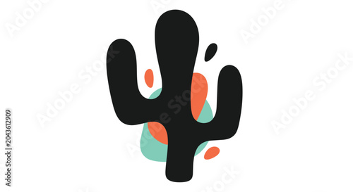 Stylized black silhouette of a cactus plant surrounded by soft colorful abstract shapes for a modern southwestern vibe.