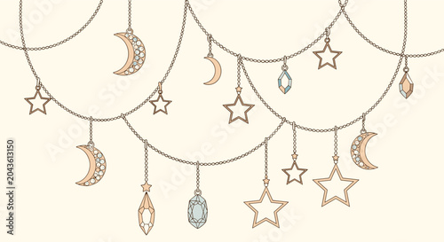 Delicate gold chains decorated with sparkling crescent moons stars and crystal charms hanging over a pale cream background.