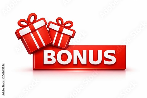 Red bonus gift box presentation with two wrapped presents and bold bonus text