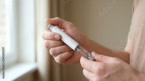 Close up of man holding medical insulin injection pen with cartridge