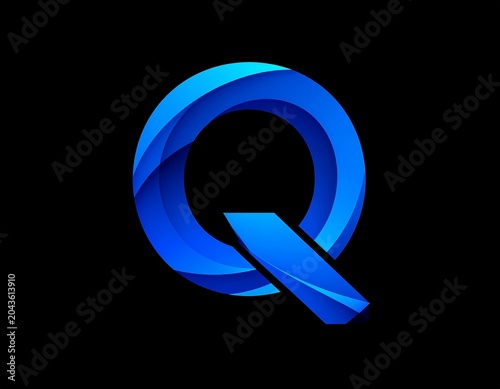 A large, 3D blue letter on a solid black background