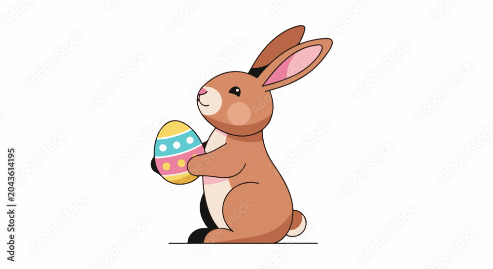 Obraz premium Cartoon rabbit holding a colorful decorated Easter egg