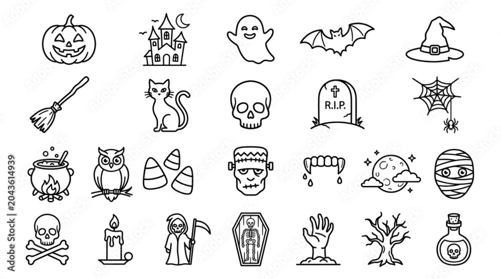 Fototapeta premium Halloween icon vector set, 25 elements including pumpkin jack-o-lantern, haunted house, ghost, bat, witch hat, broom, black cat, skull, tombstone, spider web, simple outline style, black and white,