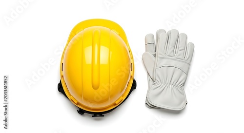 Yellow construction hard hat and white leather work gloves isolated on white background
