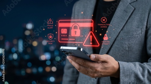 secure mobile banking interface showing blocked credit card payment warnings and real time cybersecurity threat notifications for preventing financial identity theft and unauthorized digital transacti