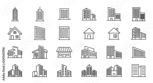 Collection of outline building icons: modern city architecture skyscraper house line art designs building architecture skyscraper apartment collection illustration downtown cityscape