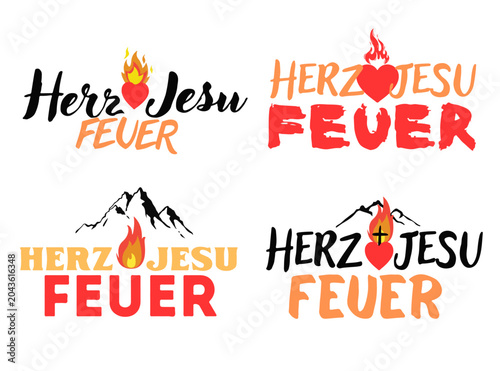 Herz-Jesu-Feuer vector illustration collection. Austrian Tyrolean traditional celebration lettering layouts with burning heart and mountain peaks.