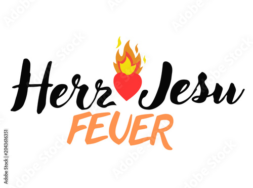 Herz-Jesu-Feuer vector illustration collection. Austrian Tyrolean traditional celebration lettering layouts with burning heart and mountain peaks.