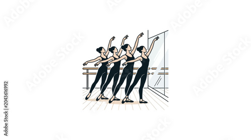 Tableau sur toile Four ballet dancers practicing synchronized movements in a studio