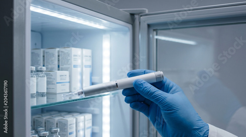 Gloved scientist taking out medical injection pen from laboratory fridge
