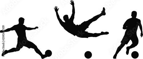 Bild auf Leinwand Soccer Player Black Silhouette Set with Kicking Dribbling and Bicycle Kick Actio