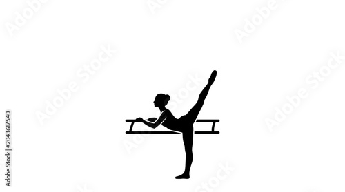 Canvas-taulu A black silhouette of a ballerina performing an arabesque at a ballet barre