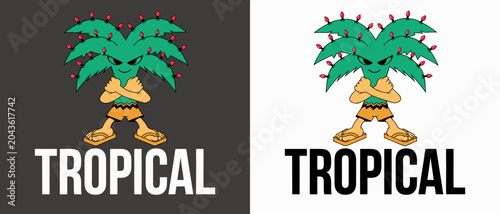 Green palm tree cartoon character with christmas lights wearing shorts and flip flops vector design tropical plant mascot art.