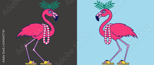 Pink flamingo cartoon character wearing wreath and flip flops vector illustration isolated festive bird for tropical beach party.