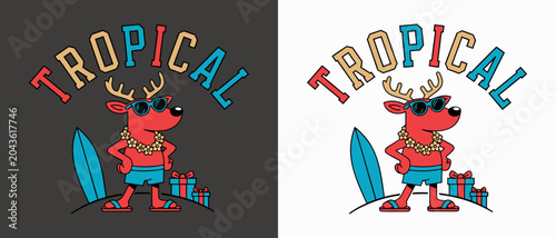 Red reindeer wearing sunglasses and floral necklace near surfboard and presents vector illustration tropical island summer vibe.