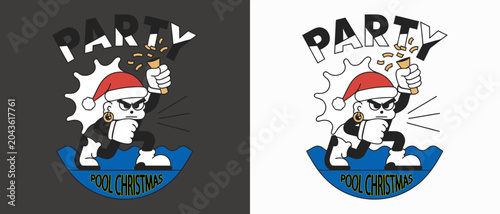 Santa claus character celebrating pool party holding popper vector illustration festive holiday art with confetti and swimwear.