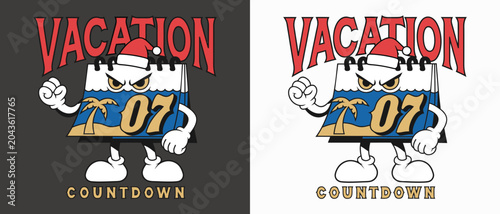 Vacation countdown calendar character wearing santa hat with beach scene and palm tree on calendar face design element.