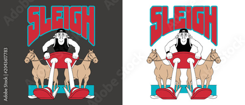 Young man riding a stylized sleigh pulled by horses in flat graphic style isolated on two solid backgrounds for festive design.