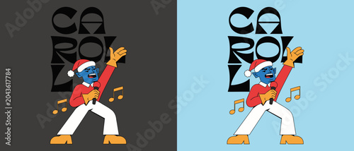 Singing blue troll character wearing red santa hat and holding microphone in festive carol music themed graphic flat vector.