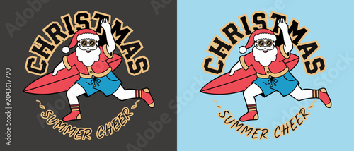 Cartoon santa claus surfing vector illustration character wearing sunglasses and swimming shorts enjoying summer holiday fun activity.
