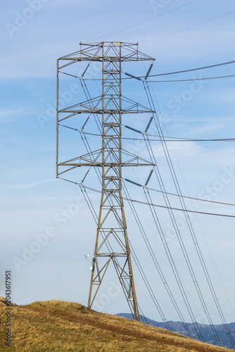 a tall high-voltage electrical transmission tower standing on a dry, grassy hillside beneath a soft blue sky. Santa Teresa County Park, Santa Clara County, California.