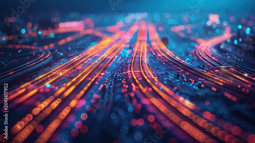 Glowing railway network represented as abstract data streams. AI-generated.
