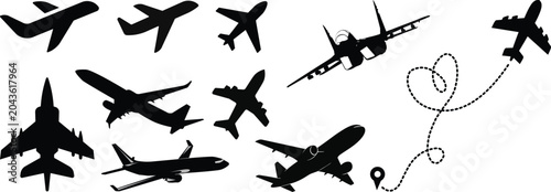 Set of black plane silhouette icon.World or international travel / traveling on an airplane flat icon for apps and websites.Aircraft icon vector set. airplane illustration sign collection. plane
