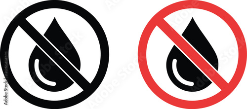 Photography No liquids, allowed prohibition sign icon set, crossed water drop symbol in black and red circular warning style for safety restriction design