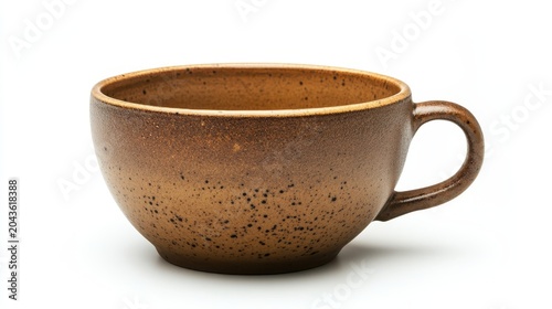 Empty wide shallow brown ceramic tea cup on white background side view