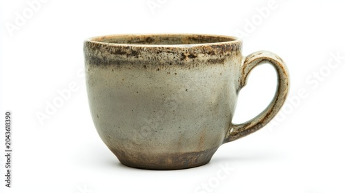 Empty rustic grey cream ceramic mug on white background side view