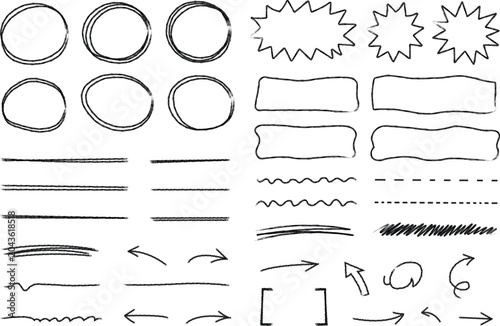 Hand drawn doodle lines, arrows and labels set, sketch vector elements