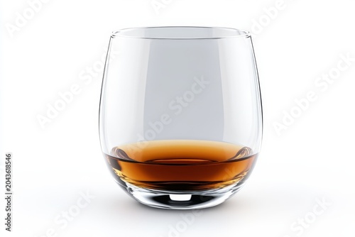 Round stemless glass with amber whisky on white background side view