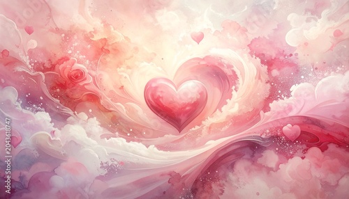Pink Heart Surrounded by Soft Clouds and Swirling Shapes.