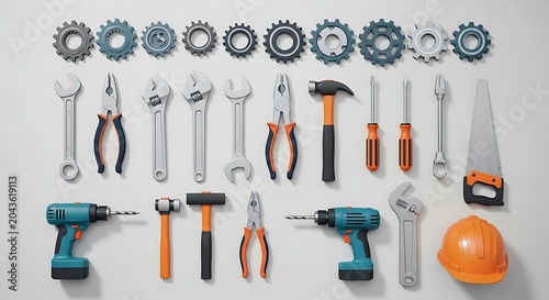 Set of construction tools and gears isolated on white background